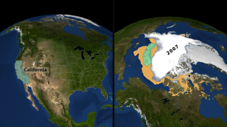 This image shows the 2005 minimum sea ice (in orange) compared to the 2007 minimum sea ice (in white).  A green region the size of the state of California is overlain on  the melted area to serve as a reference.
