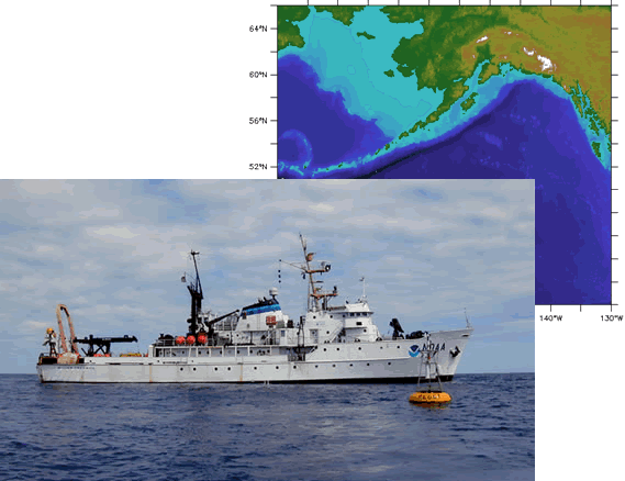 Photo: R/V Miller Freeman near surface mooring overlaying map of Northeast Pacific and Alaska