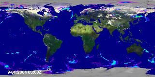 Global large-scale precipitation rate from the 0.25 degree resolution fvGCM atmospheric model for the period 9/1/2005 through 9/5/2005.
