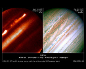 Detailed analysis of two continent-sized storms that erupted in Jupiter's atmosphere in March 2007 shows that Jupiter's internal heat plays a significant role in generating atmospheric disturbances. <BR>
Credit: NASA, ESA, IRTF, and A. S?nchez-Lavega and R. Hueso (Universidad del   Pa?s Vasco, Spain)<BR>
Click image for more.