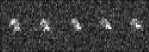 These low-resolution radar images of asteroid 2007 TU24 were taken over a few hours by the Goldstone Solar System Radar Telescope in California's Mojave Desert. Image resolution is approximately 20-meters per pixel. Next week, the plan is to have a combination of several telescopes provide higher resolution images. Image credit: NASA/JPL-Caltech