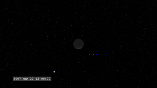 A view of the five THEMIS satellites (the color dots) from a location above the north geographic pole.