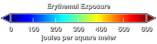 Color scale for this animation showing low exposure values as shades of blue and green and higher values as yellow orange, or red.  The units as joules per square meter.