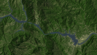 A 2006 bird's eye view of the Three Gorges Dam region.  Progress on the dam is well underway.