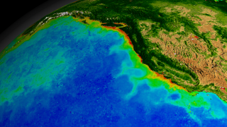 This animation begins with a wide shot of the United States and zooms down to the Western seaboard of the United States while cycling through nearly ten years of SeaWiFS biosphere data.