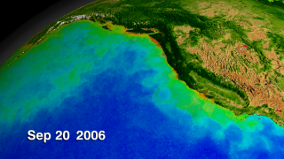 This animation begins with the wide shot of the United States and zooms down to the Western seaboard while cycling through nearly ten years of SeaWiFS biosphere data. This version is annotated with corresponding dates.