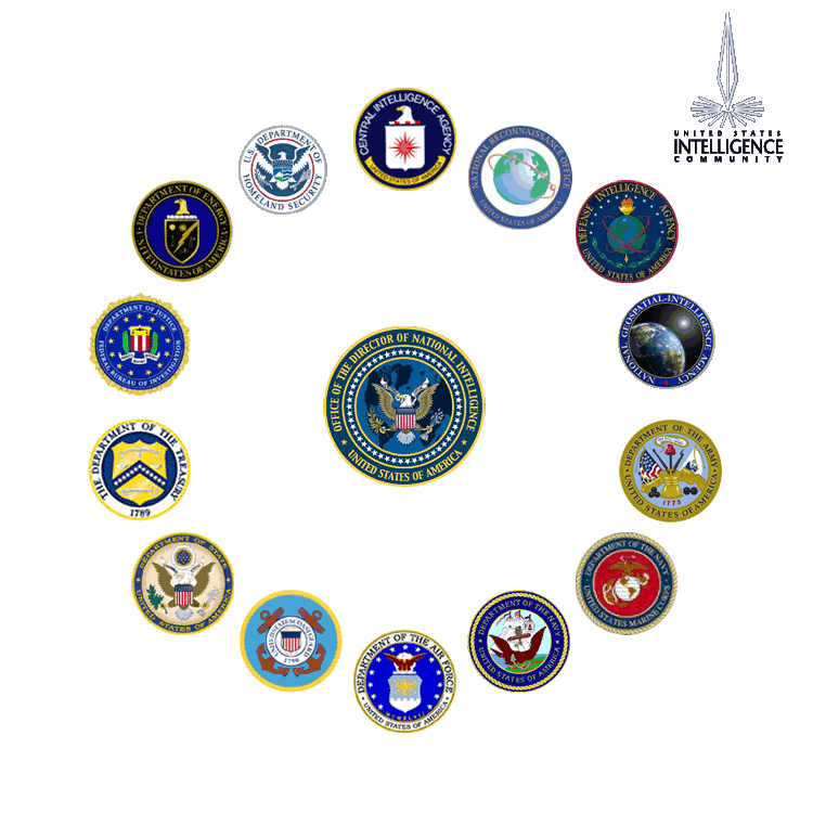 Image: Circle of 14 Intelligence Agency Seals surrounding the Intelligence Community Seal. Each seal is a link to that Agency web site.