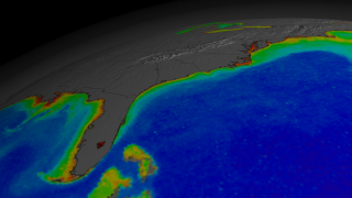 This animation begins with a wide shot of the United States and zooms down to the Eastern seaboard of the United States while cycling through nearly ten years of SeaWiFS biosphere data.