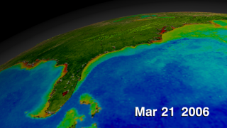 This animation begins with the wide shot of the United States and zooms down to the Eastern seaboard while cycling through nearly ten years of SeaWiFS biosphere data. This version is annotated with corresponding dates.
