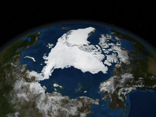This image also shows the minimum sea ice extent that occurred on September 14, 2007.  The view of this image matches the image below of the prior minimum sea ice that occurred on September 21, 2005.