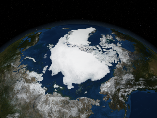 This image shows the minimum sea ice that occurred on September 21, 2005. The view of this image matches the image above of the current  minimum sea ice that occurred on September 14, 2007.