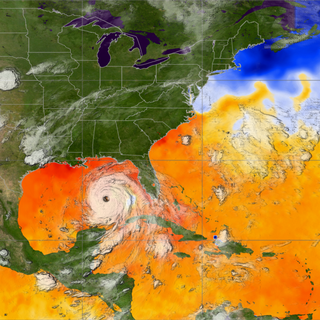 GOES-12 infrared imagery over AMSR-E sea surface temperature for Hurricane Katrina, from August 23, 2005 to August 30, 2005.