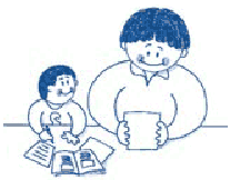 Childlike drawing of a parent reading to a child while at a desk or table.