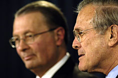 Defense Secretary Donald H. Rumsfeld (right) and Navy Adm. Edmund Giambastiani, vice chairman of the Joint Chiefs of Staff, answer questions during a Pentagon press briefing Feb. 1, 2006. Rumsfeld and Giambastiani talked to reporters about the pending Quadrennial Defense Review and the continued global war on terrorism. Defense Dept. photo by Petty Officer 1st Class Chad J. McNeeley, USN 