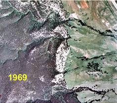 Animated image showing a series of aerial images showing changes that have occurred along a small portion of the Blackhills National Forest Boundary from 1969 until 1993.