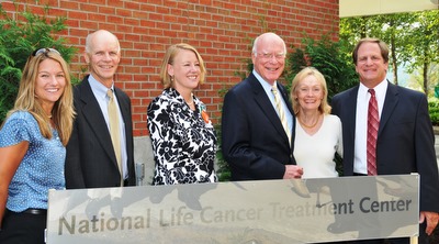 Pictured at the groundbreaking ceremony for the National Life Cancer Treatment Center in Berlin, left to right, Martha Trombley Oakes, Tom MacLeay, Judy Tarr, Sen. Leahy, Marcelle Leahy, and Chris Graff.