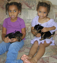 two girls holding puppies