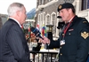 Defense Secretary Robert M. Gates speaks with Sgt. Luc Taillon, upon his arrival in Banff, Canada to attend the 8th Conference of Defense Ministers of the Americas, Sept. 2, 2008.  