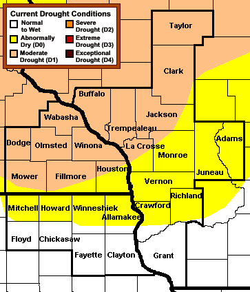 County map of abnormally dry and moderate drought conditions in southeast Minnesota and western Wisconsin as of September 16, 2008