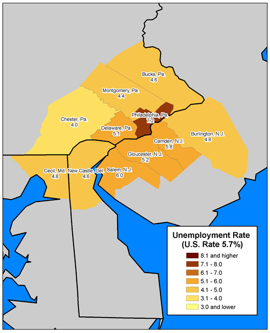 Map for unemployment rates by county in the Philadelphia-Camden-Wilmington, Pa.-N.J.-Del.-Md. Metropolitan Statistical Area