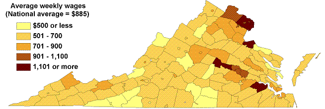 Chart 1.  Average weekly wages by county in Virginia, first quarter 2007