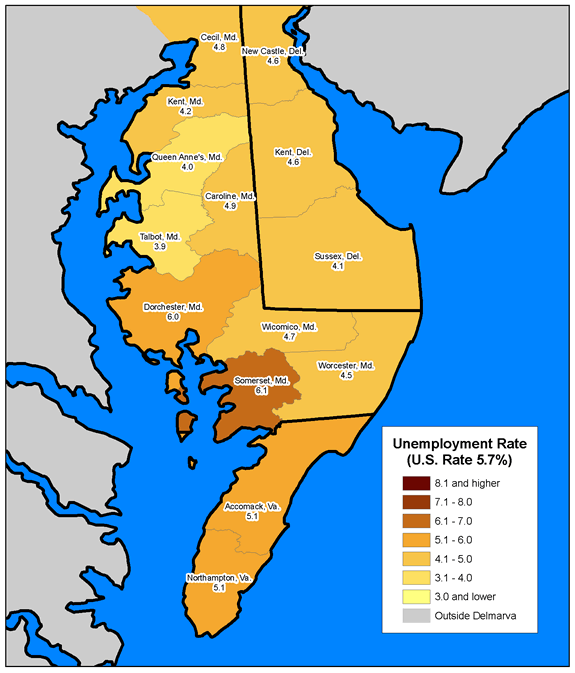 Map of Delmarva Peninsula showing unemployment rates.