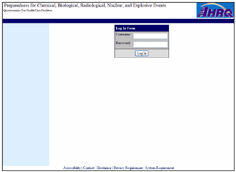 Login screen for Questionnaire Administration Web Site.  A box form provides fields to enter Username and Password.