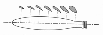 Propeller blades are twisted. The blade angle changes from the hub to the tip with the greatest angle of incidence, or highest pitch, at the hub (closest to the plane) and the smallest at the tip.
