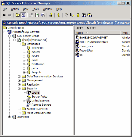 Screen shot the 'SQL Server Enterprise Manager.' The file management tree is opened to show a folder labeled '(local) (Windows NT),' then a subfolder labeled 'Security'; from the items within this subfolder, 'New Login' is selected.