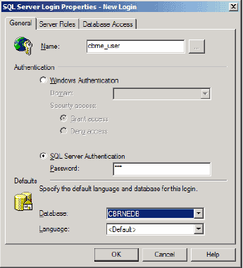 Screen shot shows the New Login box, General tab.  In the field labeled 'Name,' the name 'cbrne_user' has been entered. Below, under 'Authentication,' a checkbox titled 'SQL Server Authentication' is selected; below this is a field labeled 'Password,' and three asterisks indicate that a password has been entered.  At the bottom, under 'Defaults,' 'CBRNEDB' is selected from a pull-down menu next to 'Database.'