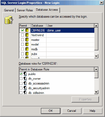 Screen shot shows the New Login box, Database Access tab.  There are two checkbox lists; the first is headed 'Specify which databases can be accessed by this login:' and 'CBRNEDB' is selected; the second list is headed 'Database roles for CBRNEDB:' and 'public' is selected.