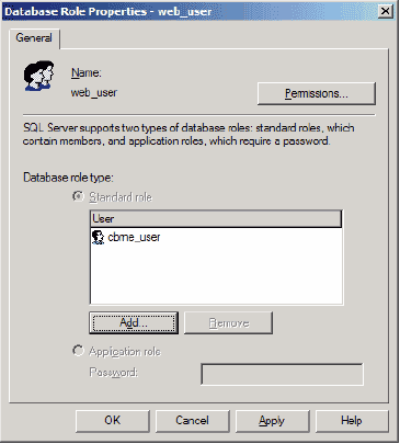 Screen shot shows the Database Roles Properties box.  The name 'web_user' appears in a window labeled 'User,' and below, an 'Add' Button is highlighted.