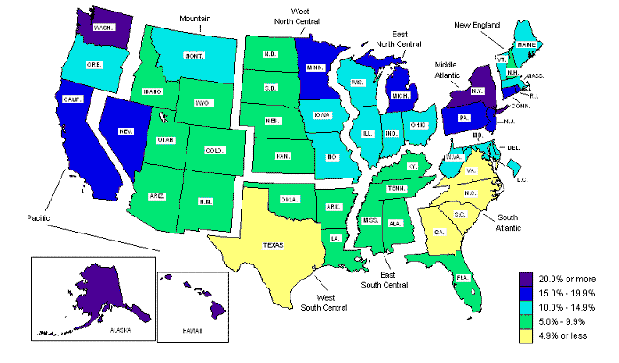 Chart 1.  Union membership rates by state, 2007 annual averages