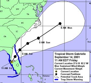 NOAA tracking chart of Tropical Storm Gabrielle.