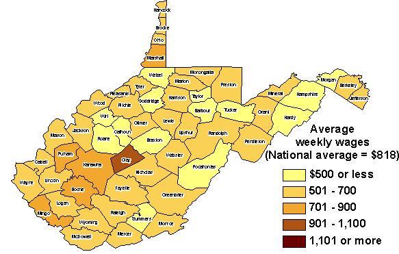 Chart 1. Average weekly wages by county in West Virginia, third quarter 2007