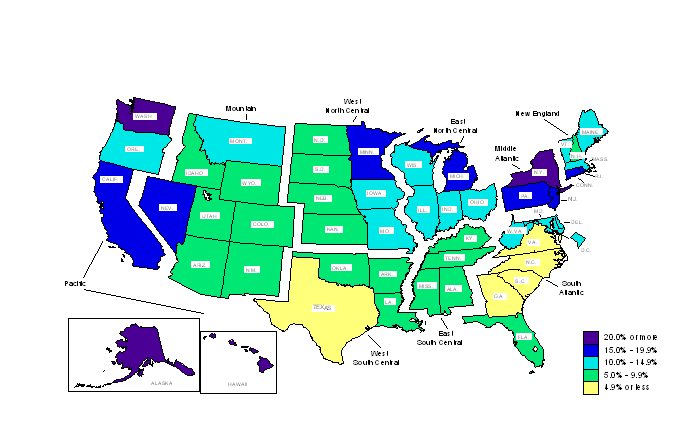 Chart 1. Union membership rates by state, 2007 annual averages