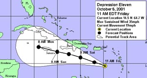 NOAA tracking chart of Tropical Depression Eleven.