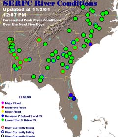 NOAA's Southeast River Forecast Center river conditions map.