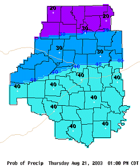 A probability of precipitation (POP) graphic for the Little Rock County Warning Area (CWA).