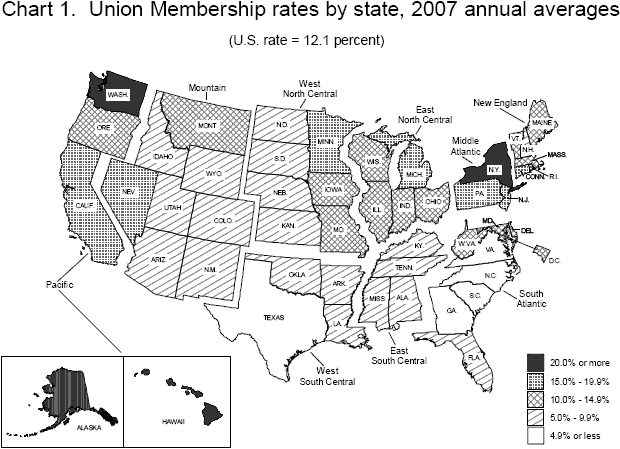 Chart 1. Union membership rates by state, 2007 annual averages