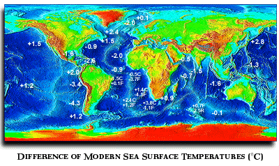 Difference of Modern Sea Temperatures - CLIMAP 1984, Map courtesy of NGDC MGG