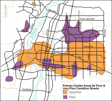 Map of Primary Cluster Areas of Streets in Poor and Very Poor Condition