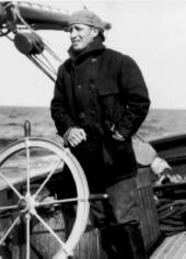 H.B. Bigelow  at the ships wheel 