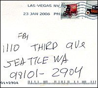 Envelope containing anonymous letter sent to the FBI in Seattle.