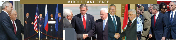 Photo collage titled Middle East Peace depicting President George W. Bush, Secretary Powell, and other Quartet and Israeli and Palestinian officials. Photos © AP Wideworld.