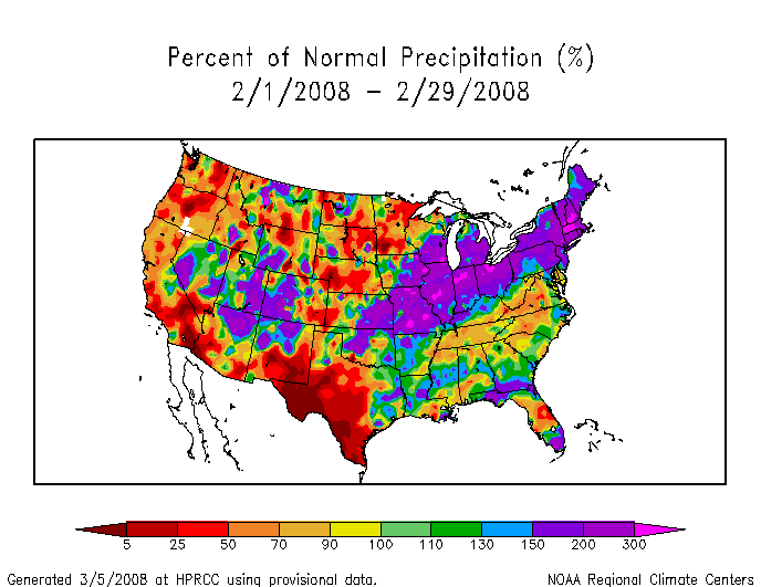 February 2008 U.S. precipitation anomalies