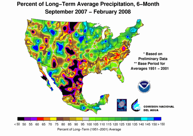U.S.-Mexico percent of long-term average precipitation map for September 2007-February 2008