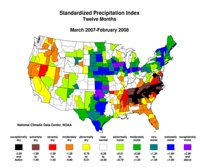 12-month Standardized Precipitation Index map, March 2007-February 2008