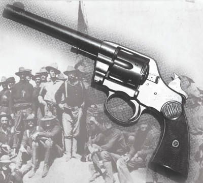This revolver was Teddy Roosevelt's sidearm when he charged San Juan Hill in the Spanish-American War. Bankground photo courtesy of the Library of Congress