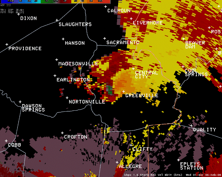 Still image of storm-relative winds as supercell crossed Muhlenberg County